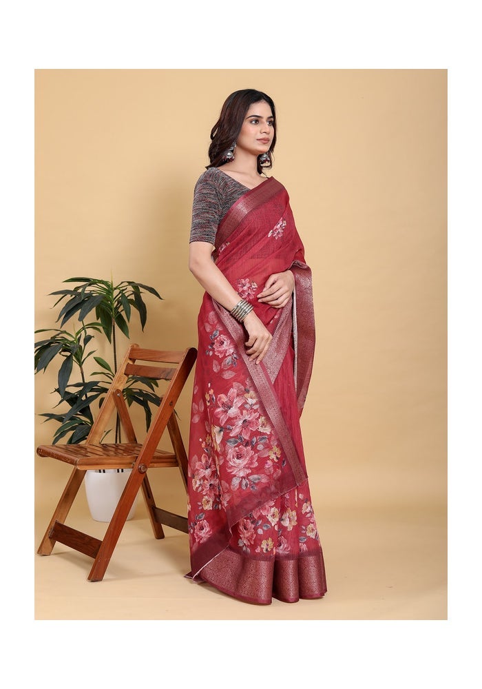 Malishka Export Rich Maroon Floral Print Saree for Women - Image 3